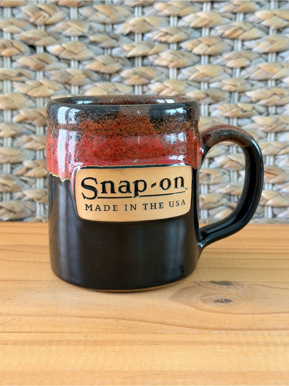 Snap-On Deneen Pottery Handmade Ceramic Coffee Mug 16 oz Red Drip Glaze USA